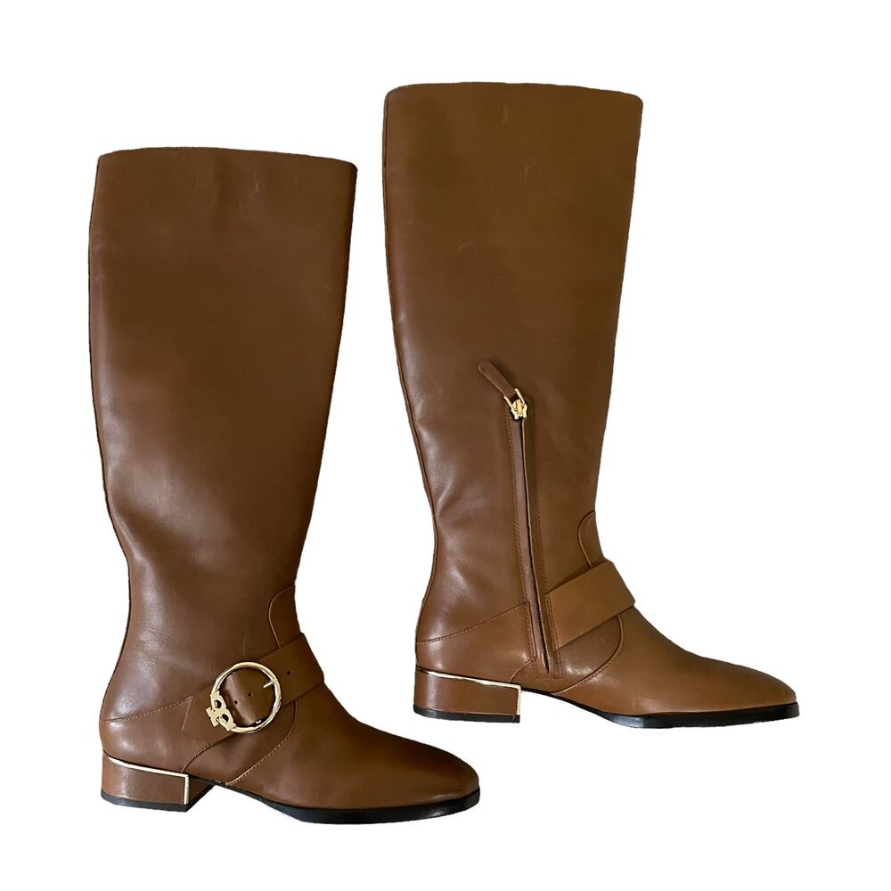 Tory Burch Sofia Tall Riding Boots Leather Logo Festive Brown Size 7 - Picture 5 of 12